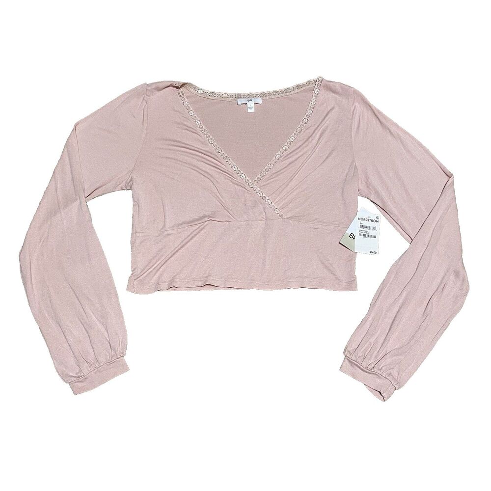 BP Nordstrom Blouse Women L Pink Balloon Sleeves Lace Trim Cottagecore Crop Top